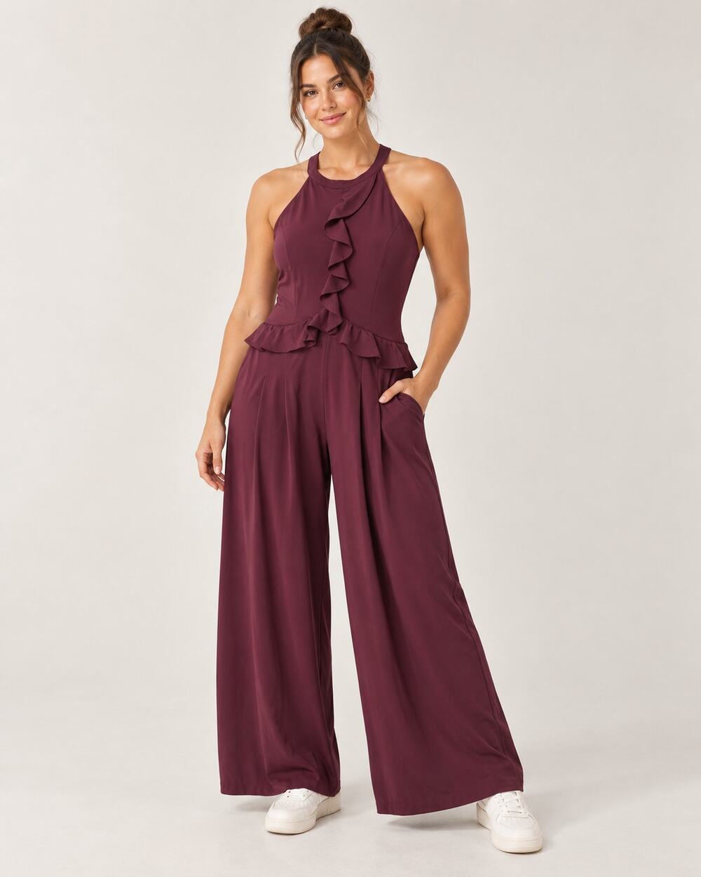 Halara Burgundy Ruffle Halter Wide Leg Jumpsuit Womens L Stretch Padded